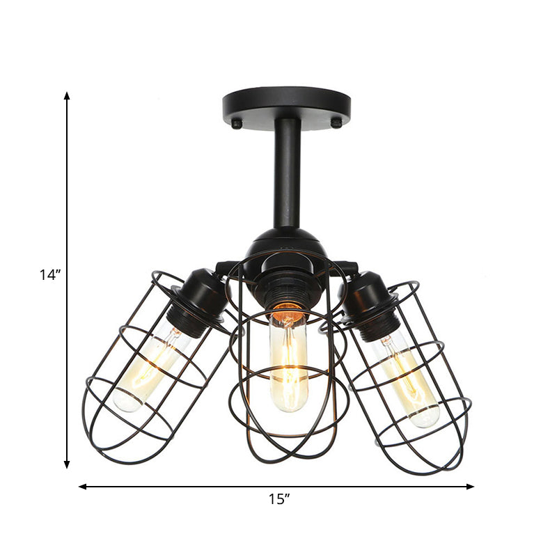 3 Heads Living Room Semi Flush Lighting Industrial Style Black Ceiling Flush Mount with Wire Cage Metal Shade Clearhalo 'Ceiling Lights' 'Close To Ceiling Lights' 'Close to ceiling' 'Semi-flushmount' Lighting' 262689