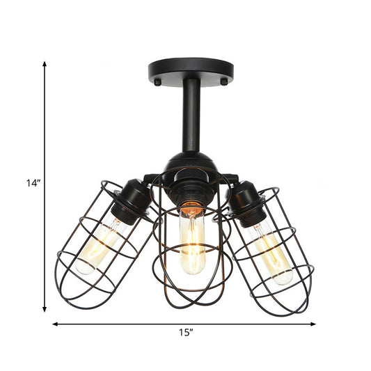 3 Heads Living Room Semi Flush Lighting Industrial Style Black Ceiling Flush Mount with Wire Cage Metal Shade Clearhalo 'Ceiling Lights' 'Close To Ceiling Lights' 'Close to ceiling' 'Semi-flushmount' Lighting' 262689