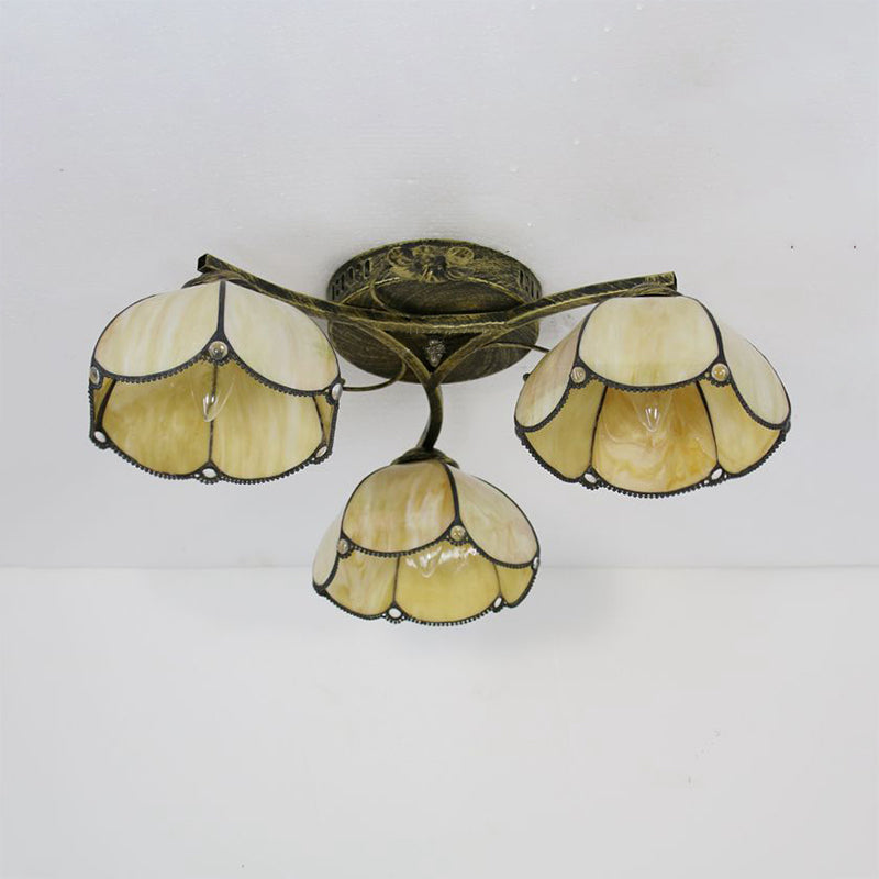 Rustic Dome Ceiling Fixture 3 Lights Beige/Yellow-Blue/Clear/Blue Glass Flush Mount Ceiling Fixture for Living Room Clearhalo 'Ceiling Lights' 'Close To Ceiling Lights' 'Close to ceiling' 'Glass shade' 'Glass' 'Semi-flushmount' 'Tiffany close to ceiling' 'Tiffany' Lighting' 26269