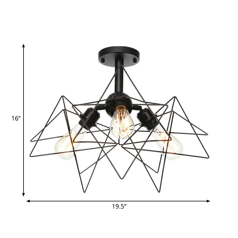 3 Heads Living Room Semi Flush Lighting Industrial Style Black Ceiling Flush Mount with Wire Cage Metal Shade Clearhalo 'Ceiling Lights' 'Close To Ceiling Lights' 'Close to ceiling' 'Semi-flushmount' Lighting' 262690