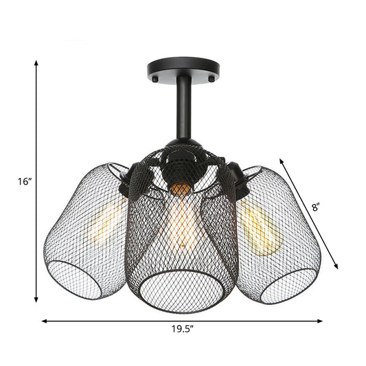 Industrial Style Cylinder/Lantern Ceiling Light Fixture Metal 3 Heads Indoor Semi Mount Lighting with Mesh Screen in Black Clearhalo 'Ceiling Lights' 'Close To Ceiling Lights' 'Close to ceiling' 'Semi-flushmount' Lighting' 262708