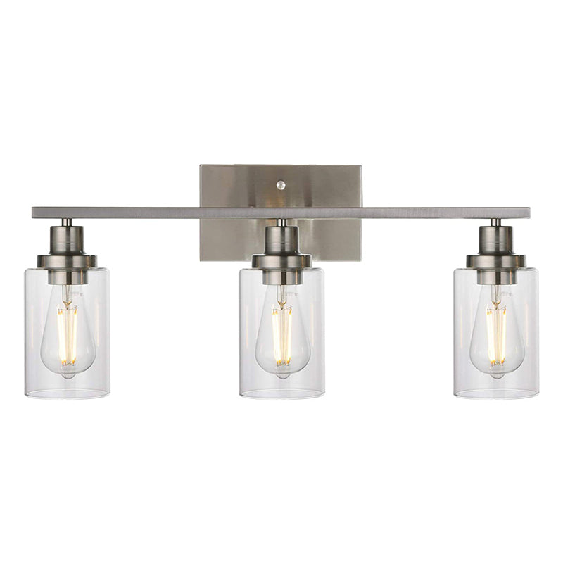 3-Light Cylinder Vanity Wall Light Fixtures Retro Industrial Style Glass Vanity Light Nickel Clearhalo 'Vanity Lights' 'Wall Lights' Lighting' 2627327