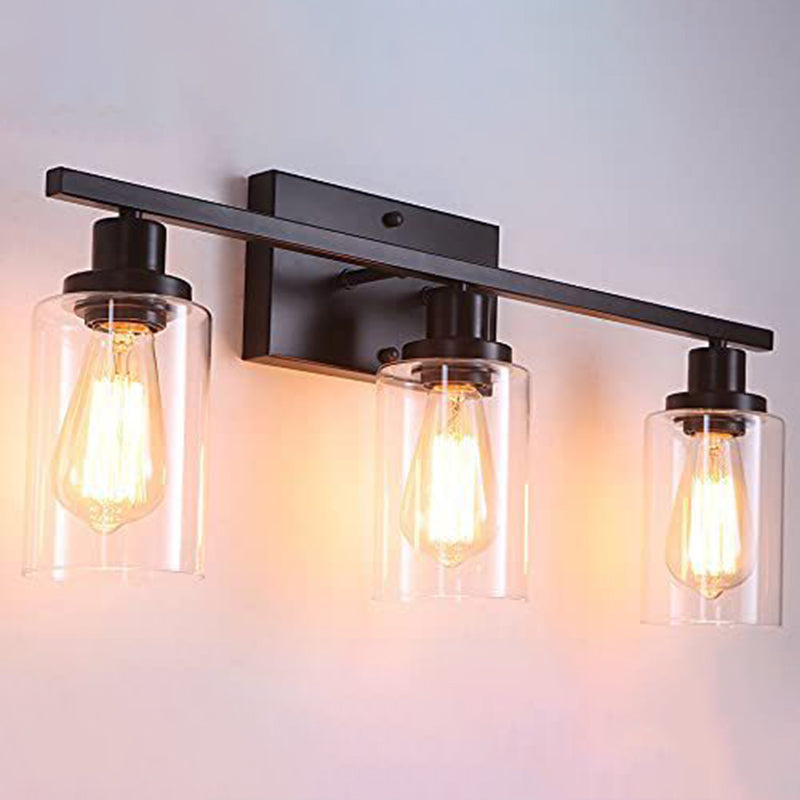 3-Light Cylinder Vanity Wall Light Fixtures Retro Industrial Style Glass Vanity Light Black Clearhalo 'Vanity Lights' 'Wall Lights' Lighting' 2627330