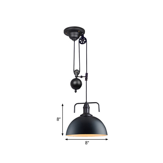 Black Dome Hanging Lighting Warehouse Style 1 Light Metallic Pendant Light Fixture with Pulley Design, 8"/12" Wide Clearhalo 'Art Deco Pendants' 'Black' 'Cast Iron' 'Ceiling Lights' 'Ceramic' 'Crystal' 'Industrial Pendants' 'Industrial' 'Metal' 'Middle Century Pendants' 'Pendant Lights' 'Pendants' 'Rustic Pendants' 'Tiffany' Lighting' 262746
