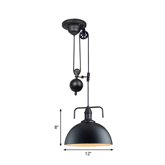 Black Dome Hanging Lighting Warehouse Style 1 Light Metallic Pendant Light Fixture with Pulley Design, 8"/12" Wide Clearhalo 'Art Deco Pendants' 'Black' 'Cast Iron' 'Ceiling Lights' 'Ceramic' 'Crystal' 'Industrial Pendants' 'Industrial' 'Metal' 'Middle Century Pendants' 'Pendant Lights' 'Pendants' 'Rustic Pendants' 'Tiffany' Lighting' 262747