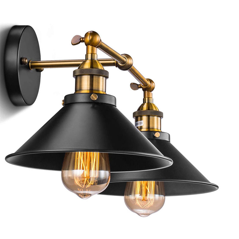 Conical Shade Vanity Wall Light Retro Industrial Style Metal 2 Light Vanity Light Black Clearhalo 'Vanity Lights' 'Wall Lights' Lighting' 2627485