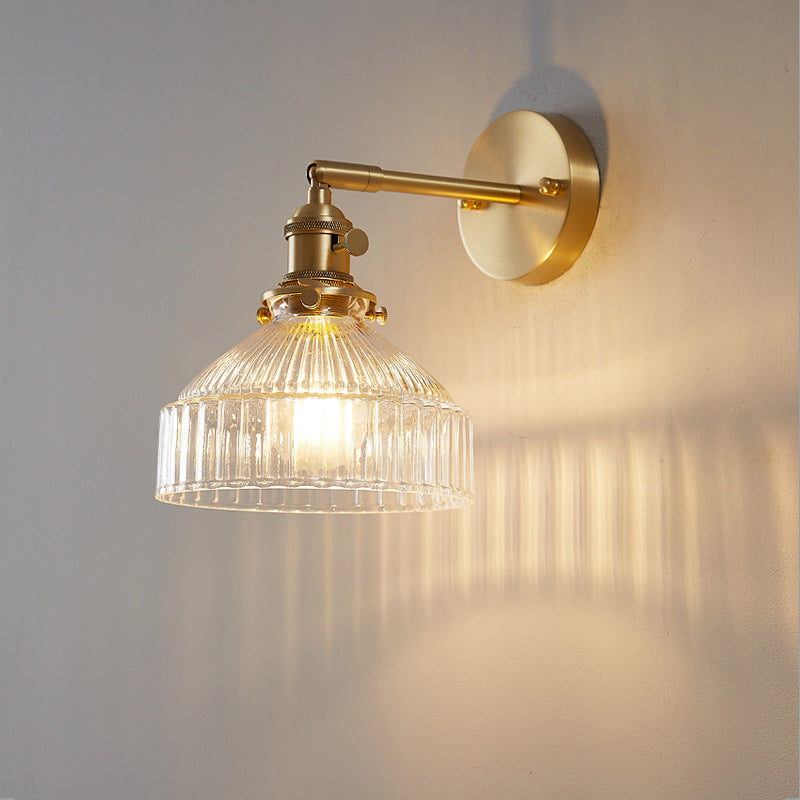 Industrial Wall Lamp Pressed Ribbed Glass Wall Light Sconce in Gold Finish for Bedroom Gold Clearhalo 'Wall Lamps & Sconces' 'Wall Lights' Lighting' 2627649