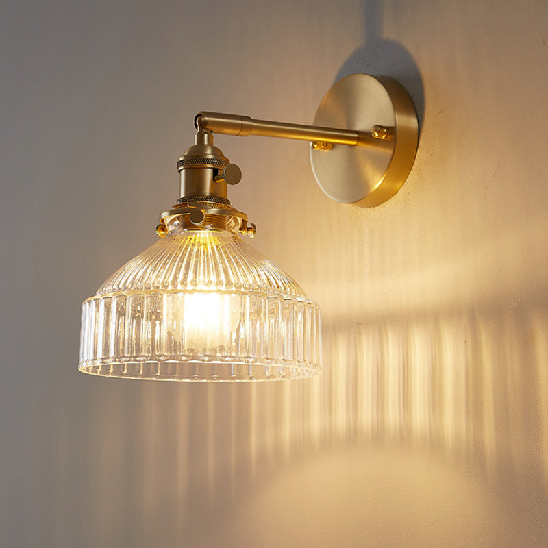 Industrial Wall Lamp Pressed Ribbed Glass Wall Light Sconce in Gold Finish for Bedroom Clearhalo 'Wall Lamps & Sconces' 'Wall Lights' Lighting' 2627656