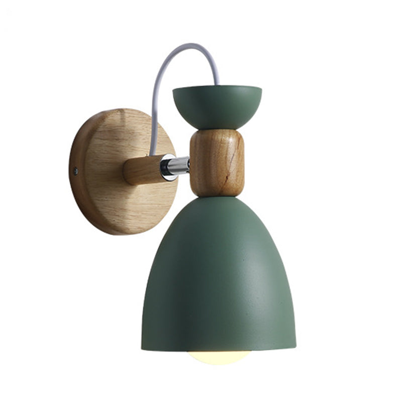 Nordic Macaroon Style Wall Sconce 1 Light Wood Armed Wall Mount Light in Metal Shade Green Clearhalo 'Wall Lamps & Sconces' 'Wall Lights' Lighting' 2627751