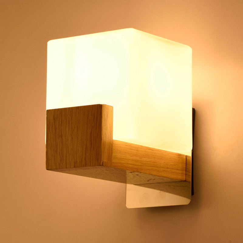 Square Shape Wooden Wall Mount Light Modern Simple Glass Shade Sconce Light for Bedroom 1.0 Wood Clearhalo 'Wall Lamps & Sconces' 'Wall Lights' Lighting' 2627898