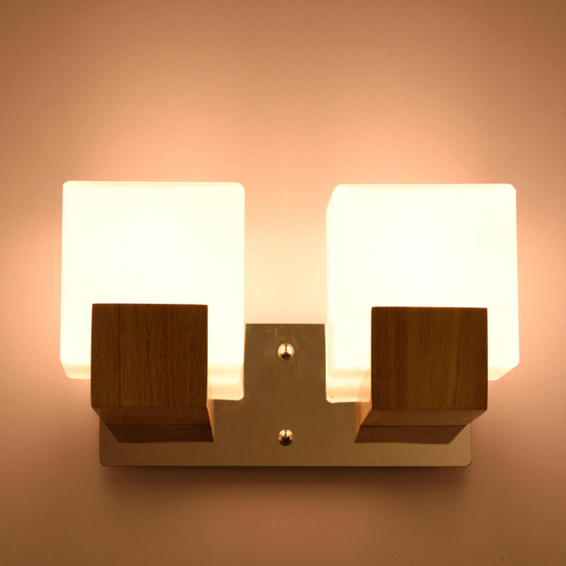 Square Shape Wooden Wall Mount Light Modern Simple Glass Shade Sconce Light for Bedroom 2.0 Wood Clearhalo 'Wall Lamps & Sconces' 'Wall Lights' Lighting' 2627899
