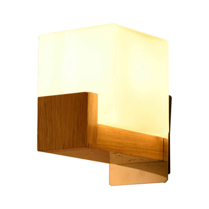 Square Shape Wooden Wall Mount Light Modern Simple Glass Shade Sconce Light for Bedroom Clearhalo 'Wall Lamps & Sconces' 'Wall Lights' Lighting' 2627902
