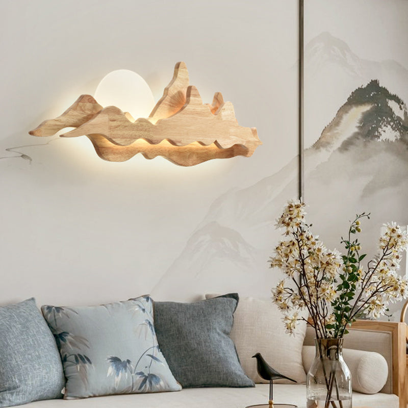 Chinese Style Wooden Wall Lighting Ideas Mountain and Moon Shape Sconce Light Fixture for Living Room Clearhalo 'Wall Lamps & Sconces' 'Wall Lights' Lighting' 2627905