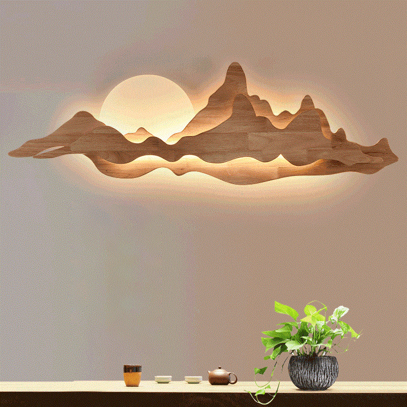 Chinese Style Wooden Wall Lighting Ideas Mountain and Moon Shape Sconce Light Fixture for Living Room Clearhalo 'Wall Lamps & Sconces' 'Wall Lights' Lighting' 2627908