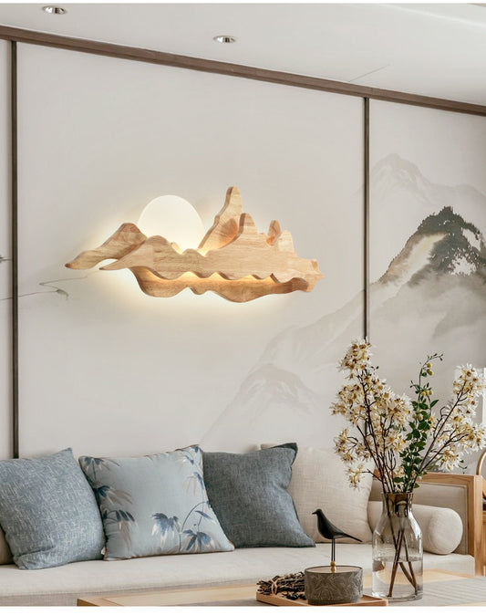 Chinese Style Wooden Wall Lighting Ideas Mountain and Moon Shape Sconce Light Fixture for Living Room Clearhalo 'Wall Lamps & Sconces' 'Wall Lights' Lighting' 2627913