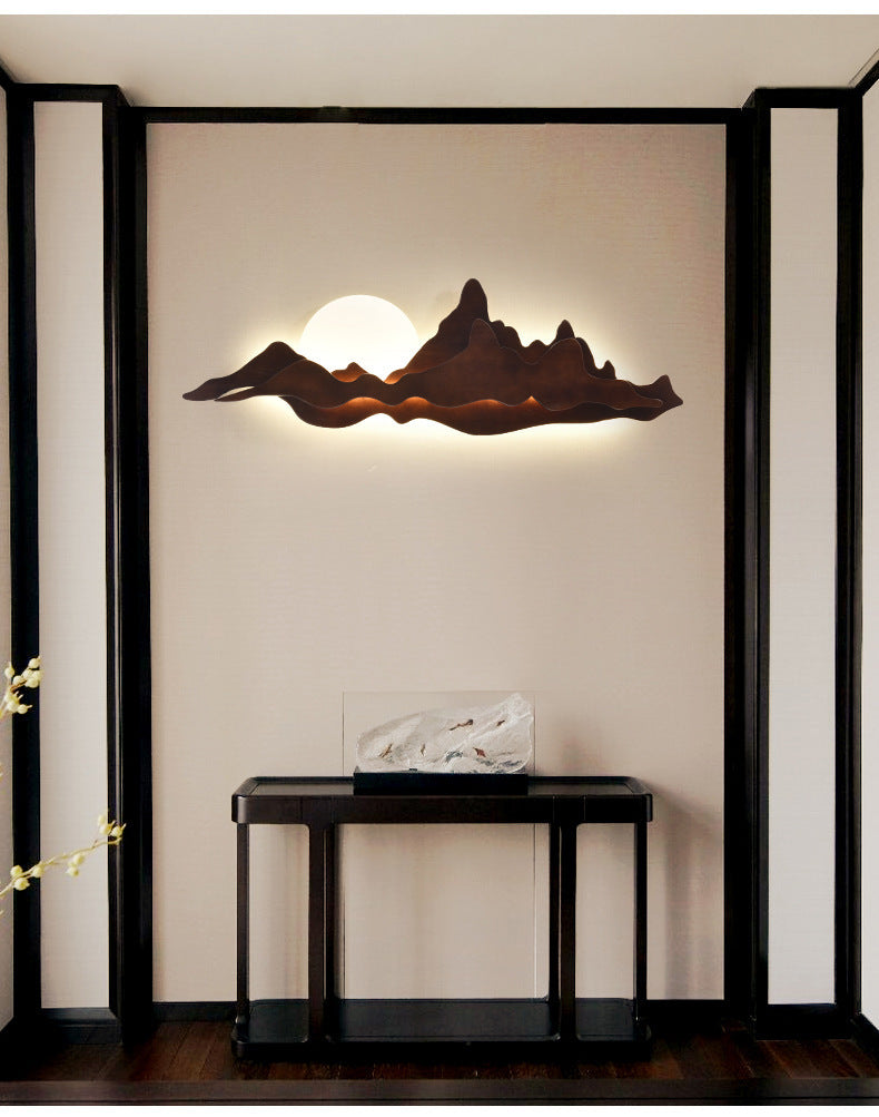 Chinese Style Wooden Wall Lighting Ideas Mountain and Moon Shape Sconce Light Fixture for Living Room Clearhalo 'Wall Lamps & Sconces' 'Wall Lights' Lighting' 2627915