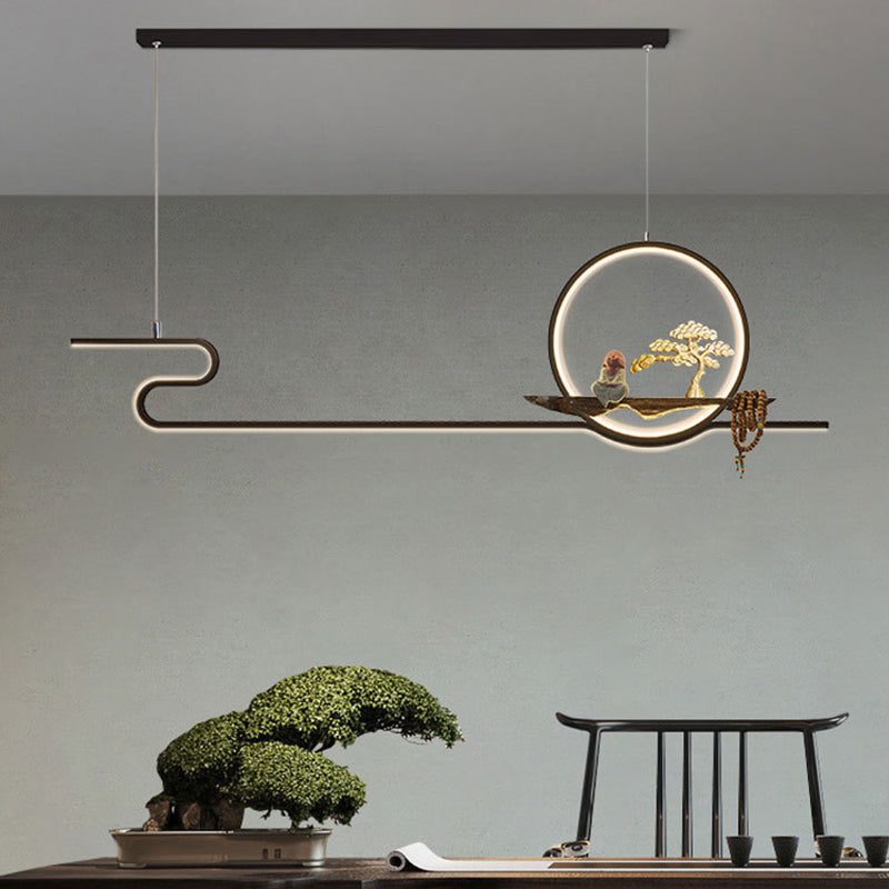 Minimalist Artistry Linear Hanging Lamp Metal Study Room LED Island Light with Monk and Tree Decor Clearhalo 'Ceiling Lights' 'Island Lights' 'Lighting' 2628104