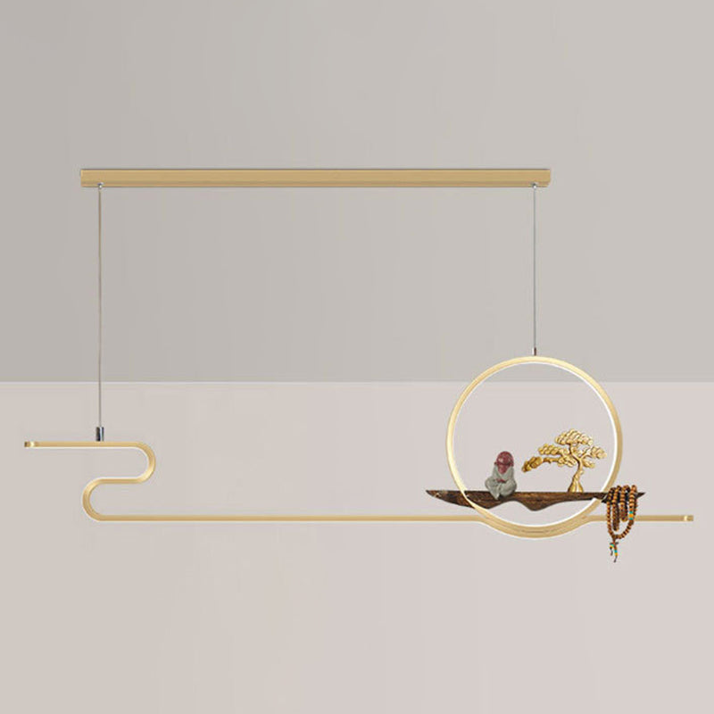 Minimalist Artistry Linear Hanging Lamp Metal Study Room LED Island Light with Monk and Tree Decor Gold Clearhalo 'Ceiling Lights' 'Island Lights' 'Lighting' 2628105