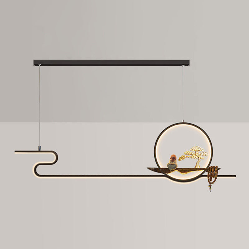 Minimalist Artistry Linear Hanging Lamp Metal Study Room LED Island Light with Monk and Tree Decor Black Clearhalo 'Ceiling Lights' 'Island Lights' 'Lighting' 2628106
