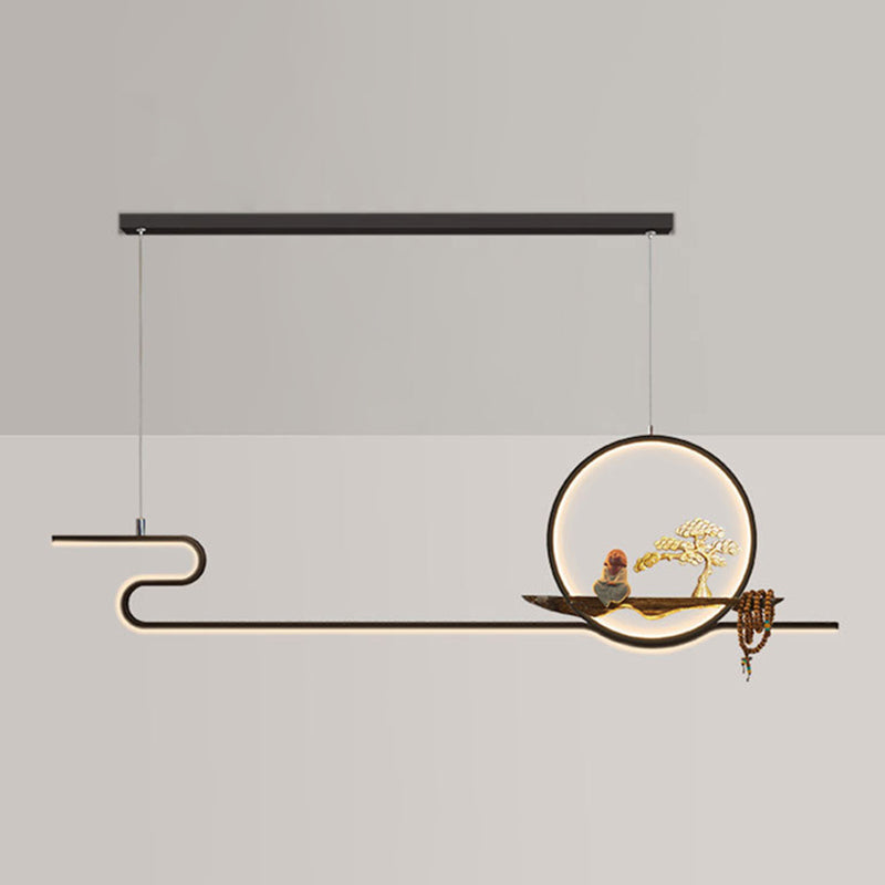 Minimalist Artistry Linear Hanging Lamp Metal Study Room LED Island Light with Monk and Tree Decor Black Clearhalo 'Ceiling Lights' 'Island Lights' 'Lighting' 2628106