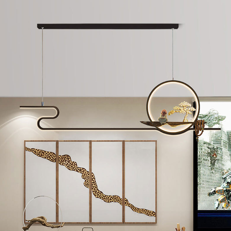 Minimalist Artistry Linear Hanging Lamp Metal Study Room LED Island Light with Monk and Tree Decor Clearhalo 'Ceiling Lights' 'Island Lights' 'Lighting' 2628107