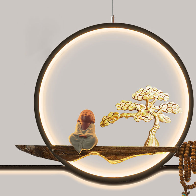 Minimalist Artistry Linear Hanging Lamp Metal Study Room LED Island Light with Monk and Tree Decor Clearhalo 'Ceiling Lights' 'Island Lights' 'Lighting' 2628108