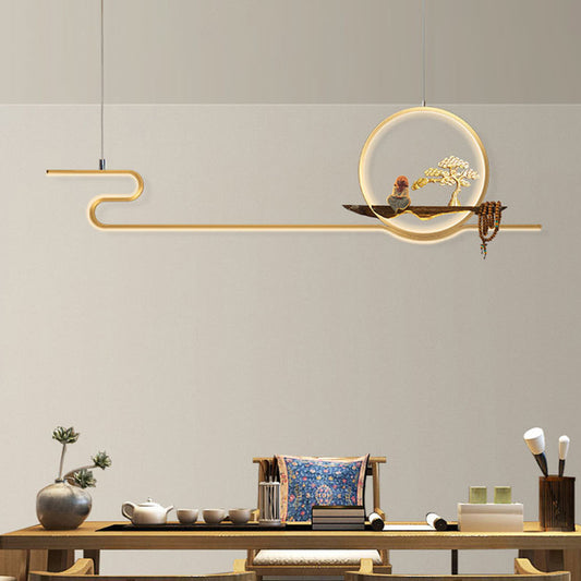 Minimalist Artistry Linear Hanging Lamp Metal Study Room LED Island Light with Monk and Tree Decor Clearhalo 'Ceiling Lights' 'Island Lights' 'Lighting' 2628109