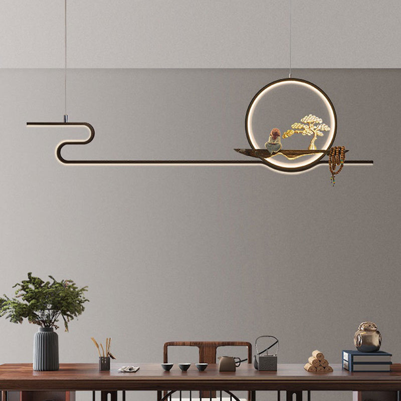 Minimalist Artistry Linear Hanging Lamp Metal Study Room LED Island Light with Monk and Tree Decor Clearhalo 'Ceiling Lights' 'Island Lights' 'Lighting' 2628110