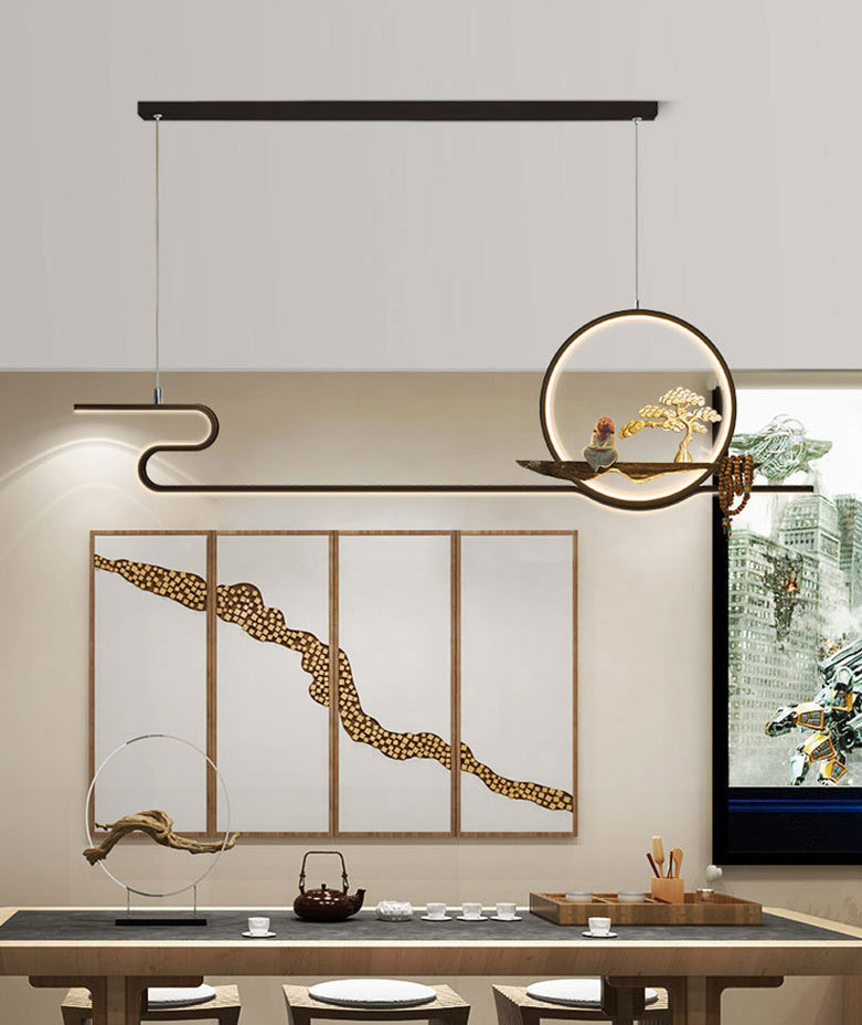Minimalist Artistry Linear Hanging Lamp Metal Study Room LED Island Light with Monk and Tree Decor Clearhalo 'Ceiling Lights' 'Island Lights' 'Lighting' 2628113