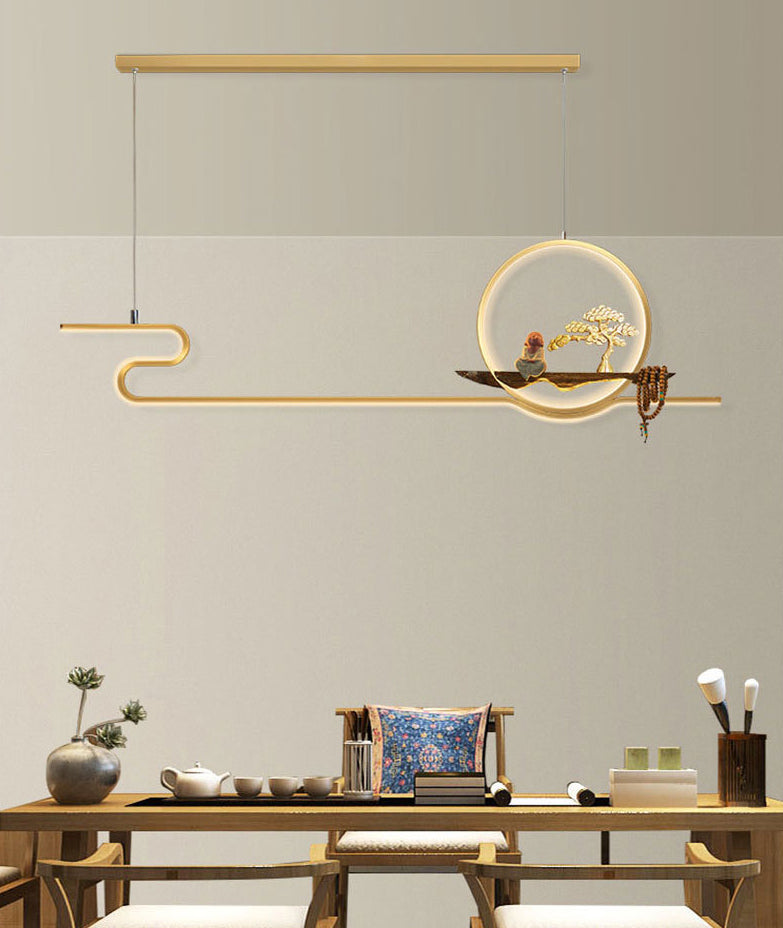 Minimalist Artistry Linear Hanging Lamp Metal Study Room LED Island Light with Monk and Tree Decor Clearhalo 'Ceiling Lights' 'Island Lights' 'Lighting' 2628114
