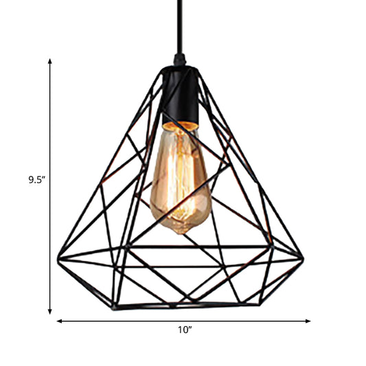 Diamond Shade Hanging Lighting Farmhouse Style Metal 1 Light Kitchen Ceiling Fixture with Wire Frame in Black Clearhalo 'Art Deco Pendants' 'Black' 'Cast Iron' 'Ceiling Lights' 'Ceramic' 'Crystal' 'Industrial Pendants' 'Industrial' 'Metal' 'Middle Century Pendants' 'Pendant Lights' 'Pendants' 'Rustic Pendants' 'Tiffany' Lighting' 262819