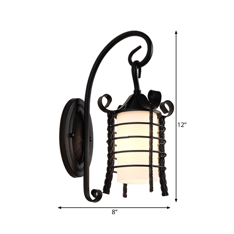 Flower/Leaf/Metal Frame Corridor Wall Lamp Country Style Milky Glass 1 Light Black Sconce Light Fixture Clearhalo 'Wall Lamps & Sconces' 'Wall Lights' Lighting' 262834
