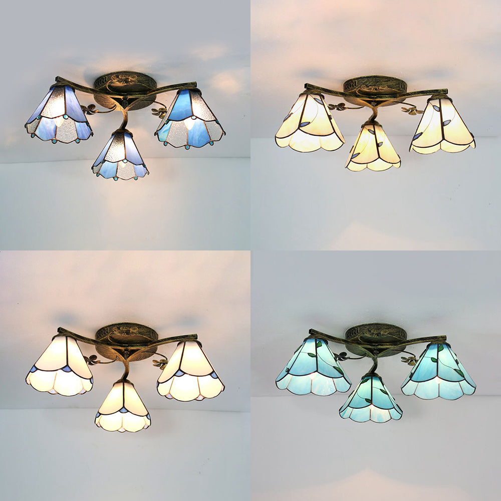 Tiffany Style Conic Shade Flushmount Light Stained Glass 3 Lights Flushmount Ceiling Light in White/Clear/Blue/Beige Clearhalo 'Ceiling Lights' 'Close To Ceiling Lights' 'Close to ceiling' 'Glass shade' 'Glass' 'Semi-flushmount' 'Tiffany close to ceiling' 'Tiffany' Lighting' 26284