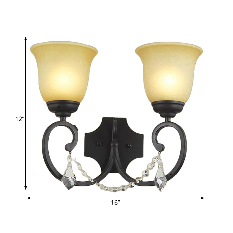 2 Lights Corridor Wall Mounted Lamp Vintage Black Sconce Light with Bell Amber Glass Shade Clearhalo 'Wall Lamps & Sconces' 'Wall Lights' Lighting' 262844