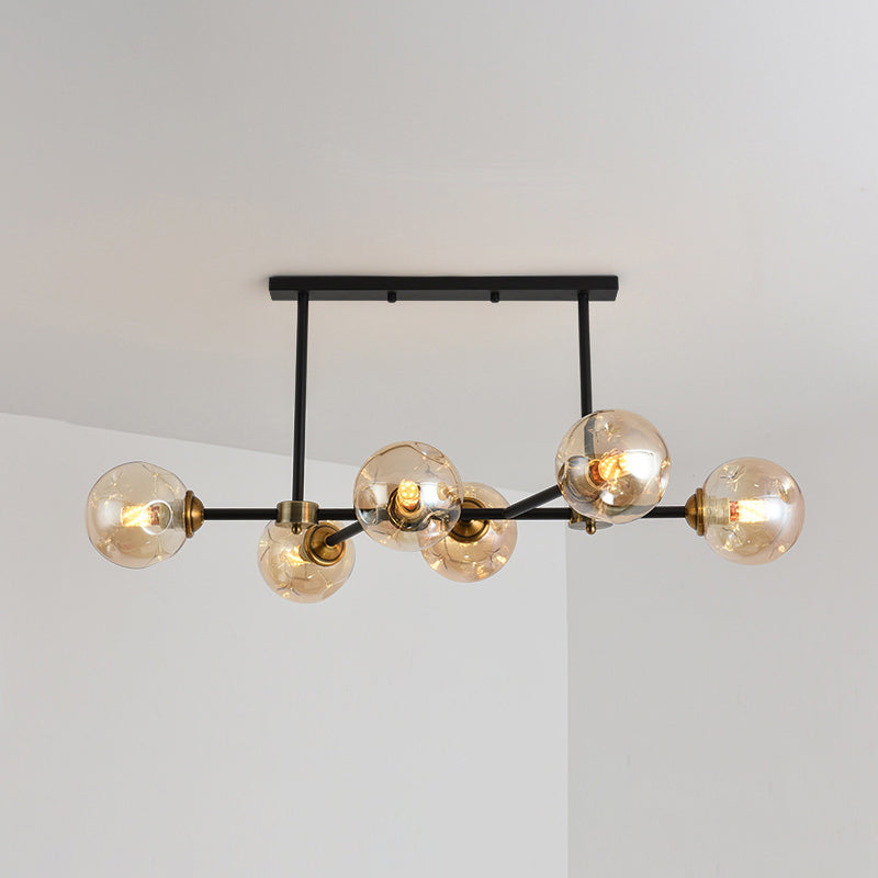 6 Light Modern Black Island Pendant Lighting Spherical Glass Island Ceiling Light for Dining Table Amber Clearhalo 'Ceiling Lights' 'Island Lights' 'Lighting' 2628496