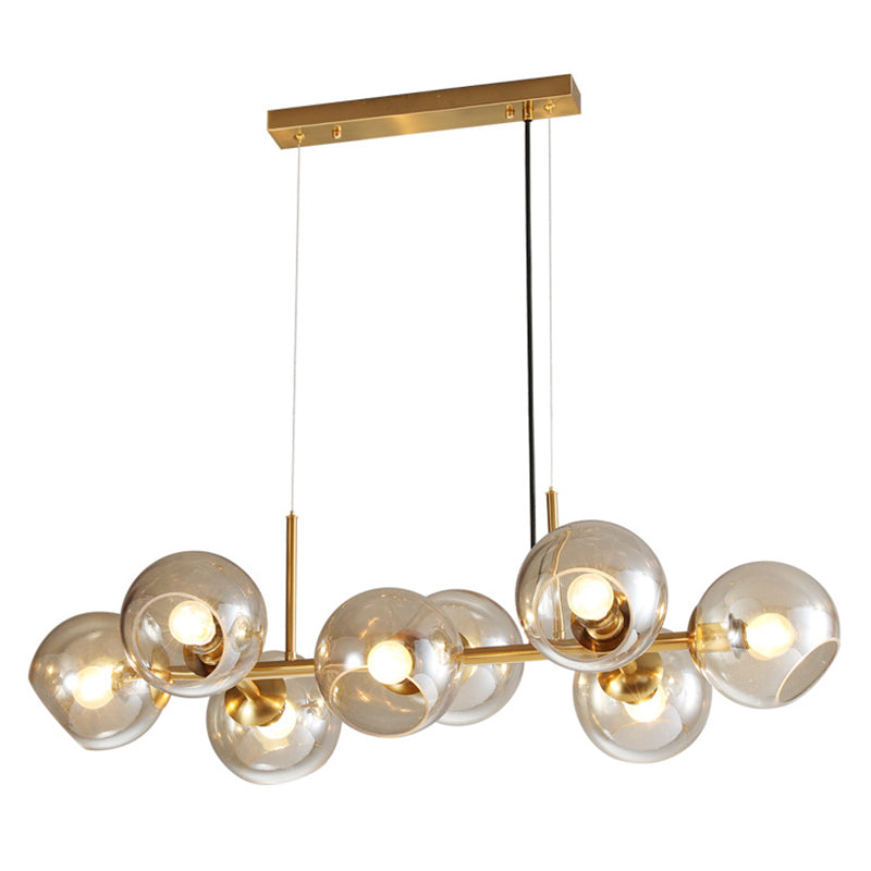 8 Light Mid-Century Gold Metal Island Pendant Lighting Spherical Glass Island Ceiling Light for Dining Table Cognac Clearhalo 'Ceiling Lights' 'Island Lights' 'Lighting' 2628509
