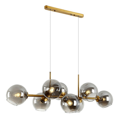 8 Light Mid-Century Gold Metal Island Pendant Lighting Spherical Glass Island Ceiling Light for Dining Table Smoke Gray Clearhalo 'Ceiling Lights' 'Island Lights' 'Lighting' 2628511