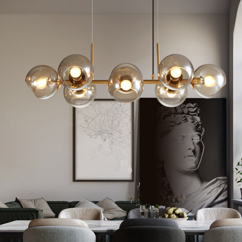 8 Light Mid-Century Gold Metal Island Pendant Lighting Spherical Glass Island Ceiling Light for Dining Table Clearhalo 'Ceiling Lights' 'Island Lights' 'Lighting' 2628512