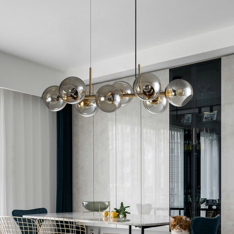 8 Light Mid-Century Gold Metal Island Pendant Lighting Spherical Glass Island Ceiling Light for Dining Table Clearhalo 'Ceiling Lights' 'Island Lights' 'Lighting' 2628513