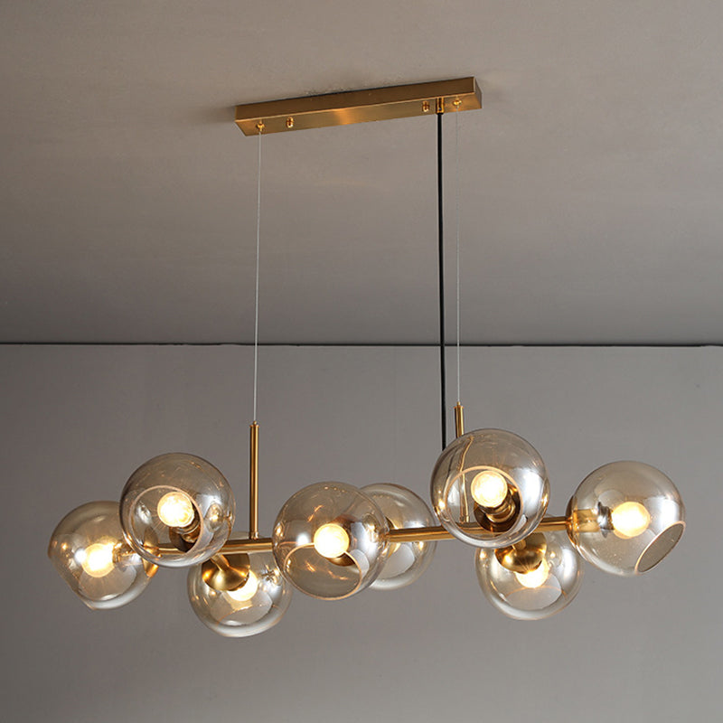 8 Light Mid-Century Gold Metal Island Pendant Lighting Spherical Glass Island Ceiling Light for Dining Table Clearhalo 'Ceiling Lights' 'Island Lights' 'Lighting' 2628514