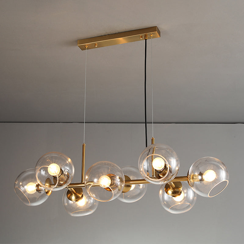 8 Light Mid-Century Gold Metal Island Pendant Lighting Spherical Glass Island Ceiling Light for Dining Table Clearhalo 'Ceiling Lights' 'Island Lights' 'Lighting' 2628517