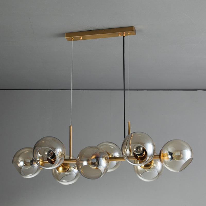 8 Light Mid-Century Gold Metal Island Pendant Lighting Spherical Glass Island Ceiling Light for Dining Table Clearhalo 'Ceiling Lights' 'Island Lights' 'Lighting' 2628518
