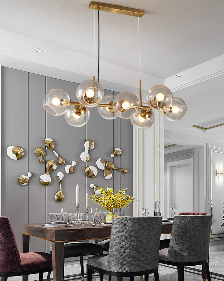 8 Light Mid-Century Gold Metal Island Pendant Lighting Spherical Glass Island Ceiling Light for Dining Table Clearhalo 'Ceiling Lights' 'Island Lights' 'Lighting' 2628523