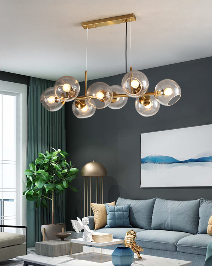 8 Light Mid-Century Gold Metal Island Pendant Lighting Spherical Glass Island Ceiling Light for Dining Table Clearhalo 'Ceiling Lights' 'Island Lights' 'Lighting' 2628524