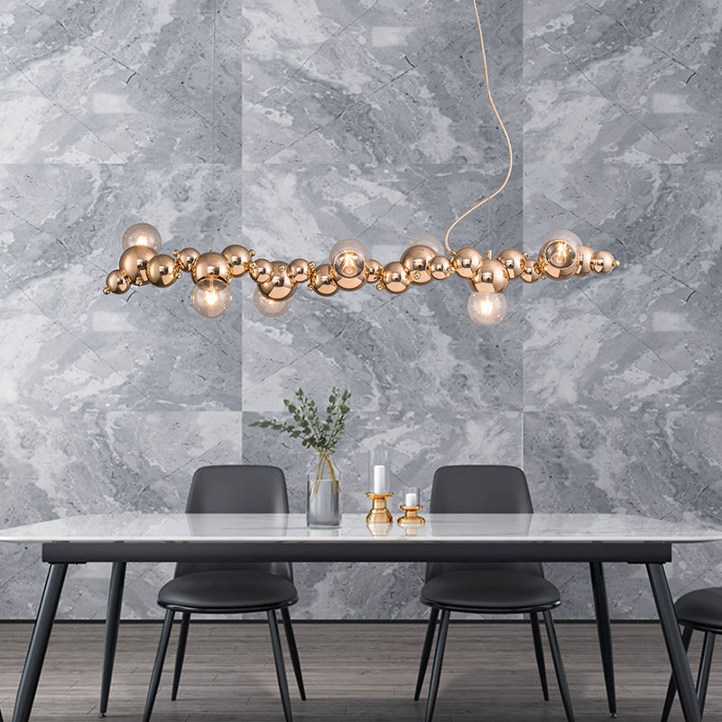 Mid-Century Modern Gold Metal Island Pendant Lighting Spherical Glass Island Ceiling Light for Dining Table Clearhalo 'Ceiling Lights' 'Island Lights' 'Lighting' 2628558