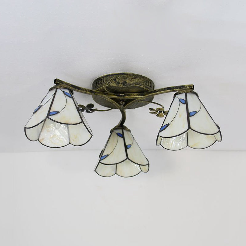 Tiffany Style Conic Shade Flushmount Light Stained Glass 3 Lights Flushmount Ceiling Light in White/Clear/Blue/Beige Clearhalo 'Ceiling Lights' 'Close To Ceiling Lights' 'Close to ceiling' 'Glass shade' 'Glass' 'Semi-flushmount' 'Tiffany close to ceiling' 'Tiffany' Lighting' 26286