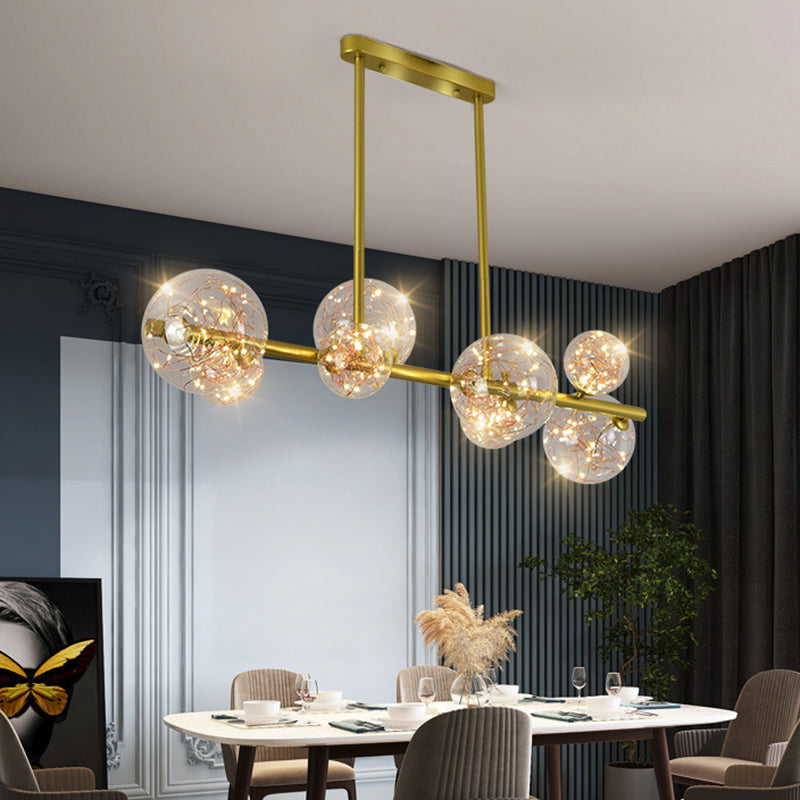Mid-Century Gold Island Pendant Lighting Spherical Clear Glass Island Ceiling Light for Dining Table Clearhalo 'Ceiling Lights' 'Island Lights' 'Lighting' 2628607
