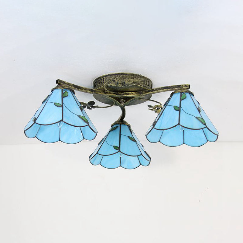 Tiffany Style Conic Shade Flushmount Light Stained Glass 3 Lights Flushmount Ceiling Light in White/Clear/Blue/Beige Clearhalo 'Ceiling Lights' 'Close To Ceiling Lights' 'Close to ceiling' 'Glass shade' 'Glass' 'Semi-flushmount' 'Tiffany close to ceiling' 'Tiffany' Lighting' 26288