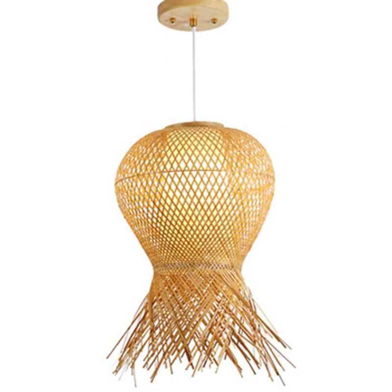Beige Hand-Woven Pendant Chinese Style 1 Bulb Bamboo Hanging Light for Dining Table Beige 12" Clearhalo 'Ceiling Lights' 'Pendant Lights' 'Pendants' Lighting' 2628942