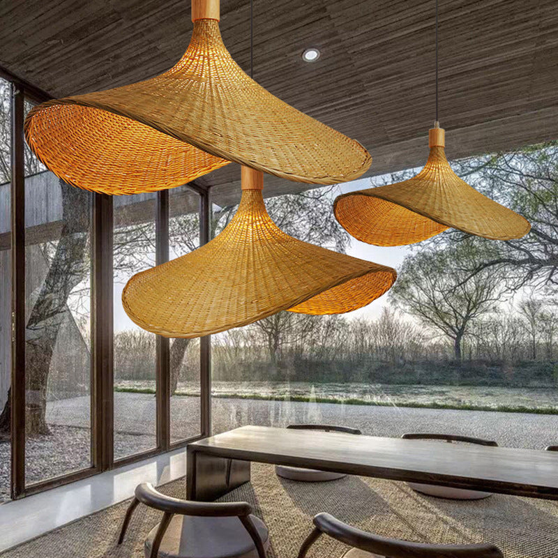 Beige Straw Hat Shape Hanging Lamp Kit Asian 1-Light Rattan Ceiling Pendant Light for Dining Table Clearhalo 'Ceiling Lights' 'Pendant Lights' 'Pendants' Lighting' 2628978